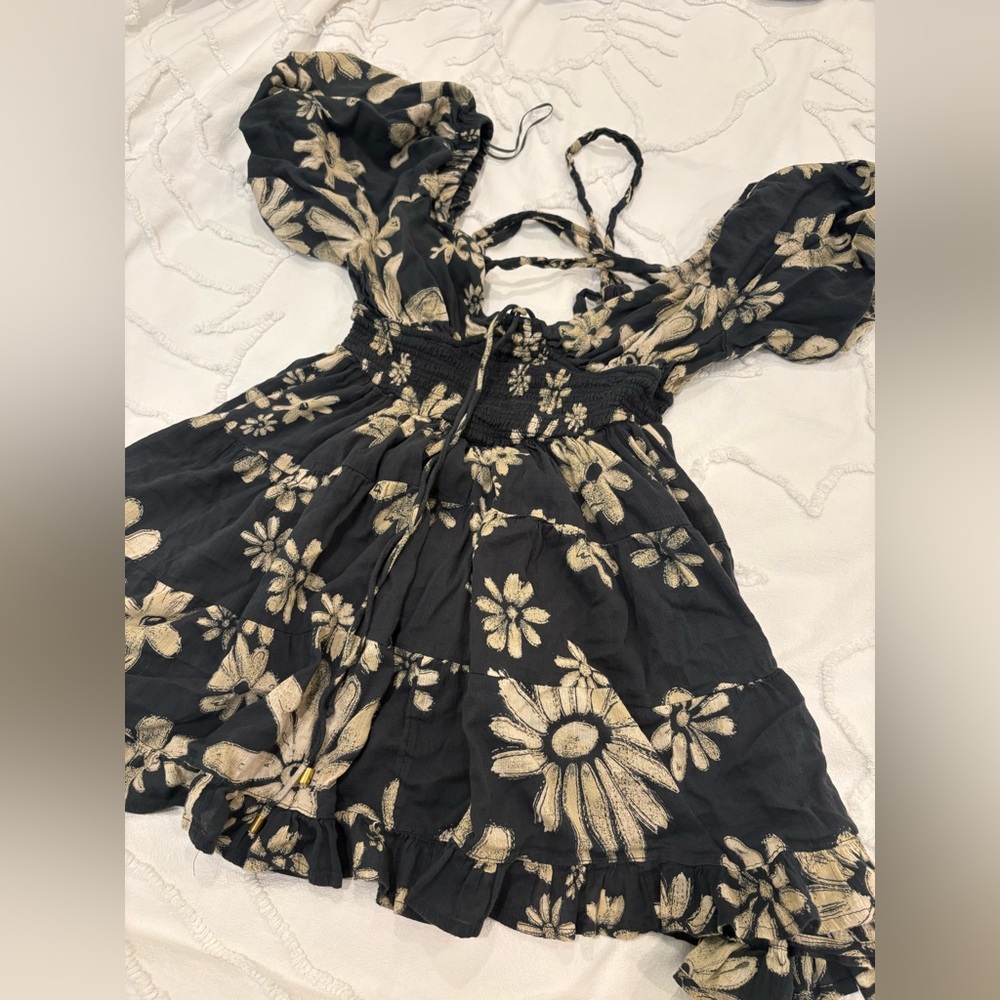 Free People Black Floral Puff Sleeve Mini Dress